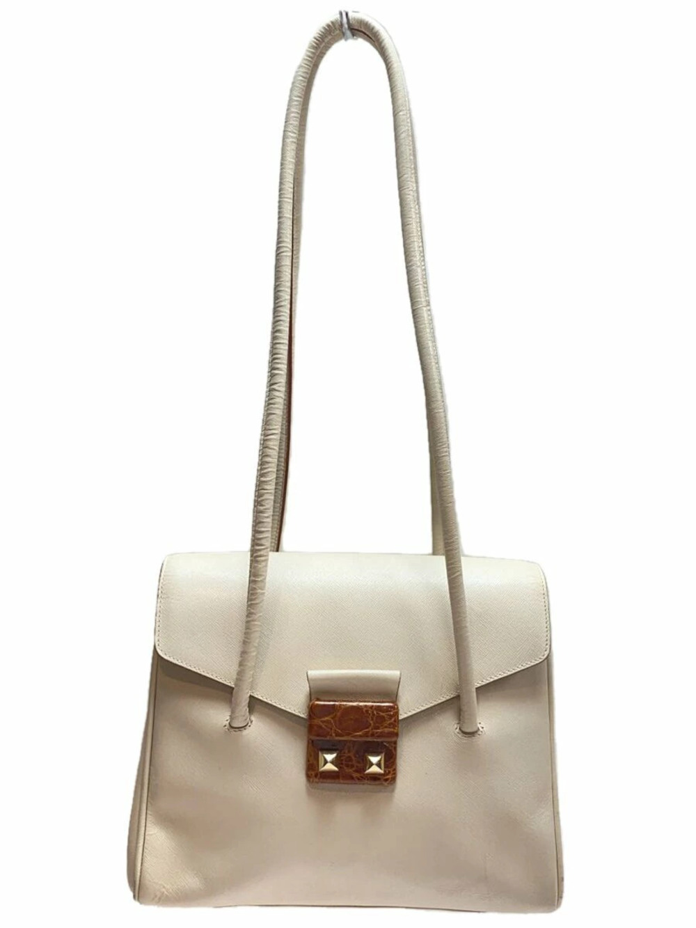 Prada cream leather shoulder bag dual slim shoulder brown stud